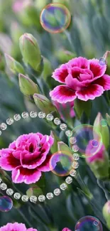 Pink blossoms with green foliage wallpaper.