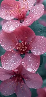 Pink blossoms with raindrops mobile wallpaper, capturing serene floral beauty.