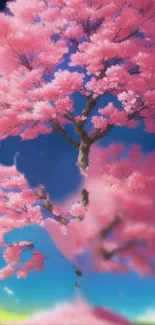 Mobile wallpaper of a pink cherry blossom tree against a blue sky.