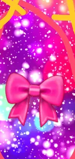 Vibrant pink bow with sparkling lights on a colorful background.