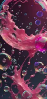 Vibrant pink bubble splash wallpaper with fluid design and colorful bubbles.