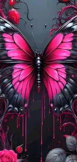 Colorful pink and black butterfly on a floral background in digital art style.