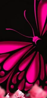 Pink butterfly wallpaper on black background with flowers.