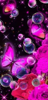 Pink butterflies and flowers with glowing bubbles, perfect for a vibrant phone wallpaper.