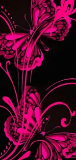 Vibrant pink butterfly mobile wallpaper with artistic swirls on a dark background.