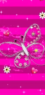 Vibrant pink butterfly wallpaper with floral and heart motifs.