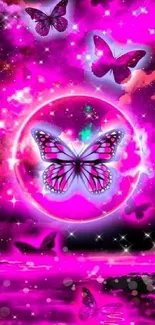 Vibrant pink fantasy wallpaper with butterflies.