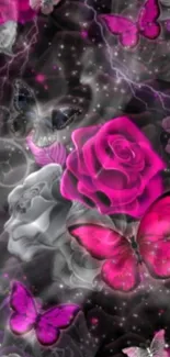 Pink roses and butterflies on a dark background wallpaper.