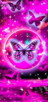 Pink butterfly wallpaper with cosmic sparkles and vibrant hues.