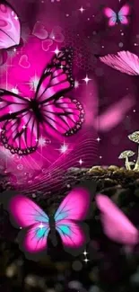 Pink butterflies with stars on a dark vibrant background.