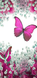 Pink butterflies and white flowers on vibrant wallpaper.