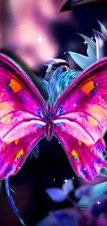 Vibrant pink butterfly on a floral background.