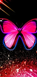 Vibrant pink butterfly with neon glow on dark background.