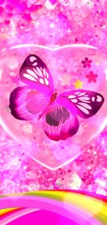 Pink heart with butterfly on vibrant background.