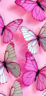 Vibrant pink butterflies on a soft pink background.