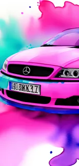 Vibrant pink car with colorful splashes in mobile wallpaper design.