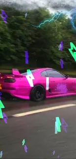 Vibrant pink sports car with neon effects on a road.