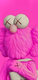 Pink cartoon character with crossed eyes on vibrant background.