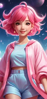 Colorful cartoon girl with pink hair and starry backdrop.