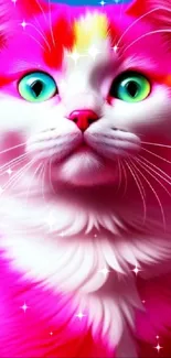 Hot pink cat portrait with vivid green eyes and blue background.