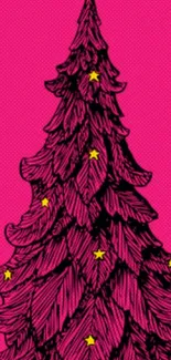 Vibrant pink Christmas tree wallpaper with yellow stars.