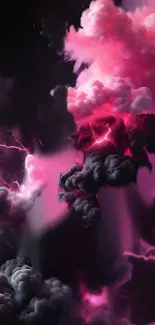 Vibrant pink and black clouds with lightning.