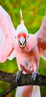 Pink cockatoo perched on a branch with lush green background.