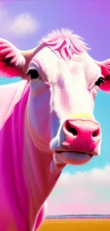 Vibrant pink cow against colorful background.