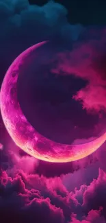 Beautiful pink crescent moon with vibrant clouds in a night sky.