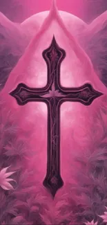 Pink cross and floral wallpaper design.