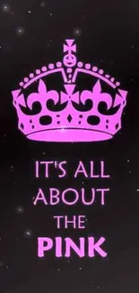 Vibrant pink crown on black background with bold text