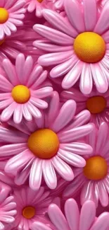 Vibrant pink daisies with yellow centers in a seamless pattern.