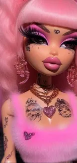 Vibrant pink doll with stylish tattoos and accessories.