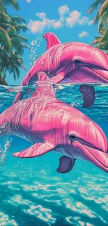 Two vibrant pink dolphins in a tropical ocean.