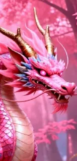 A vibrant pink dragon in a fantasy forest setting.