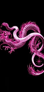 Vibrant pink oriental dragon on black background wallpaper.