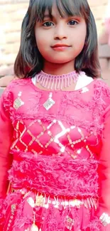 Young girl in a pink dress with gold accents standing against a brick wall.