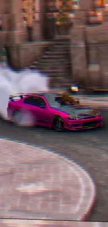 Pink drift car racing through urban landscape with motion blur.