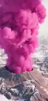 Bright pink volcanic eruption with snowy mountains.