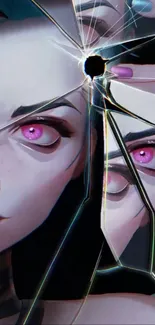 Digital artwork of a character with pink eyes behind cracked glass.