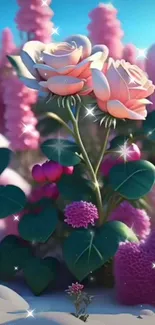 Surreal pink and green floral wallpaper.