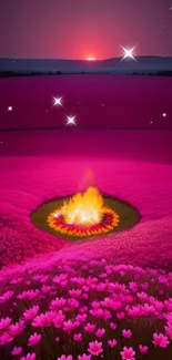 Pink fantasy landscape with fire and flowers.