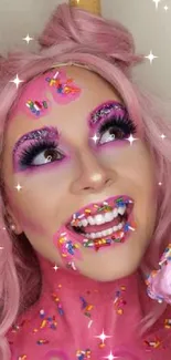 Playful pink makeup art wallpaper with candy theme.