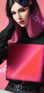 Stylish woman with pink hair against pink background.