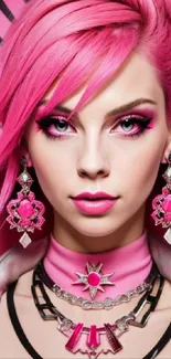 Vibrant pink themed fashion wallpaper with striking accessories.