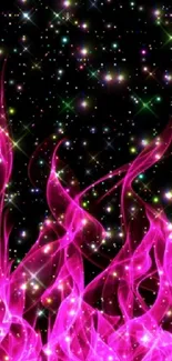 Vibrant pink flame wallpaper with multicolored stars.