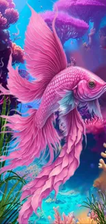 Vibrant pink fish in a colorful coral reef wallpaper.