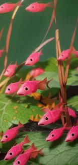 Colorful pink fish swim among green leaves.