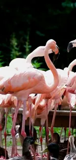 A vibrant flock of pink flamingos in natural surroundings.