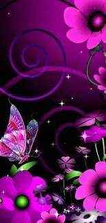 Colorful pink floral wallpaper with a butterfly and artistic swirl design.